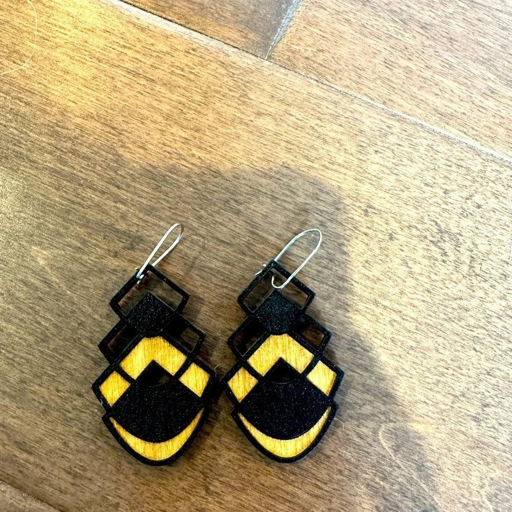 Laser cut geometric design black wood drop earrings